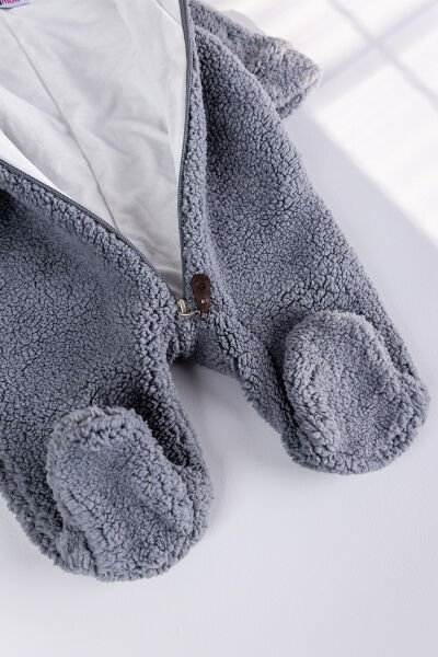 Kapüşonlu Welsoft Peluş Kışlık Kız/Erkek Bebek Tulum GRİ -  6-9 AY