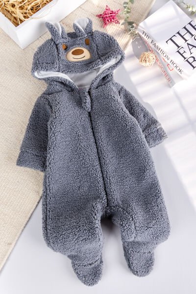 Kapüşonlu Welsoft Peluş Kışlık Kız/Erkek Bebek Tulum GRİ -  6-9 AY