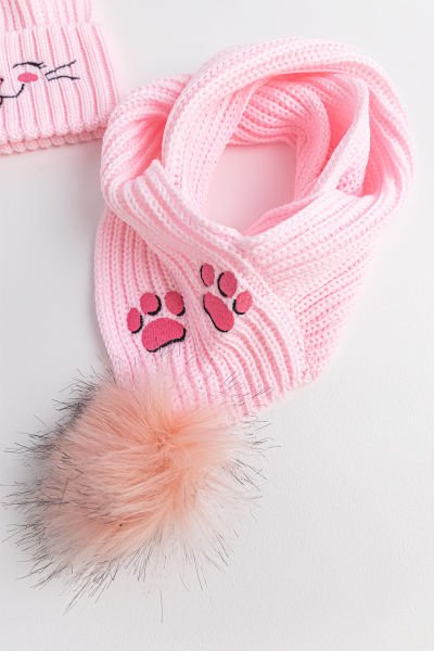Kedi Figürlü Kız Çocuk Atkı Bere Takımı PEMBE - 4-8 Yaş