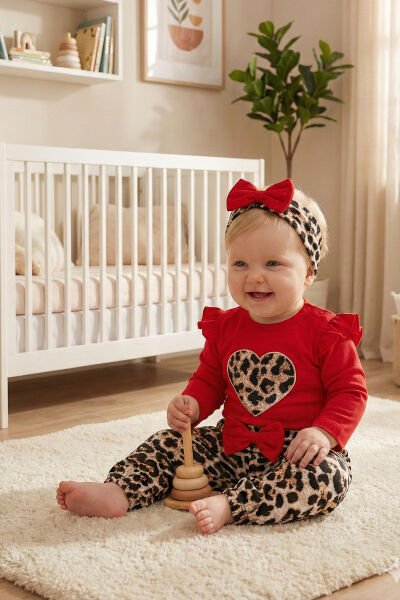 Leopar Desenli 3'lü Pamuklu Kız Bebek Takım Set KIRMIZI -  9-12 AY