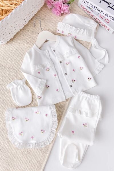 Çiçekli Natural 100% Pamuk 5'li Kız Bebek Hastane Çıkışı Bebek Takımı Set
