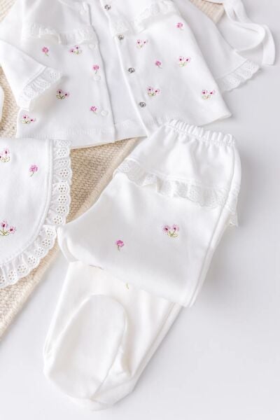 Çiçekli Natural 100% Pamuk 5'li Kız Bebek Hastane Çıkışı Bebek Takımı Set