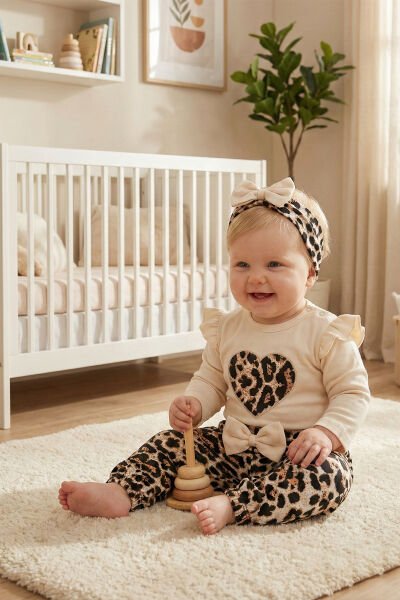 Leopar Desenli 3'lü Pamuklu Kız Bebek Takım Set BEJ - 3-6 AY