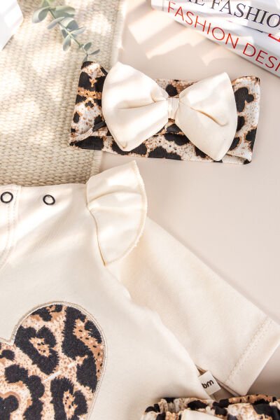 Leopar Desenli 3'lü Pamuklu Kız Bebek Takım Set BEJ - 3-6 AY