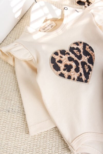 Leopar Desenli 3'lü Pamuklu Kız Bebek Takım Set BEJ - 3-6 AY