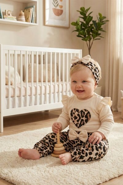 Leopar Desenli 3'lü Pamuklu Kız Bebek Takım Set BEJ -  6-9 AY