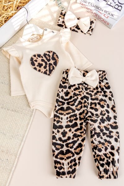 Leopar Desenli 3'lü Pamuklu Kız Bebek Takım Set BEJ -  6-9 AY