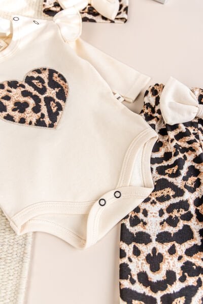 Leopar Desenli 3'lü Pamuklu Kız Bebek Takım Set BEJ -  6-9 AY