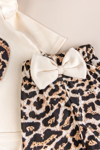 Leopar Desenli 3'lü Pamuklu Kız Bebek Takım Set BEJ -  6-9 AY