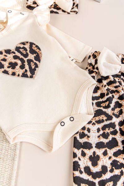 Leopar Desenli 3'lü Pamuklu Kız Bebek Takım Set BEJ -  9-12 AY