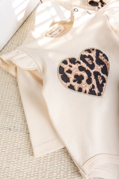Leopar Desenli 3'lü Pamuklu Kız Bebek Takım Set BEJ -  9-12 AY