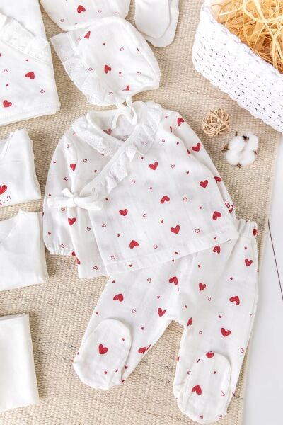 Kalp Desenli Müslin 100% Pamuk 10'lu Kız Bebek Hastane Çıkışı Bebek Takımı Set