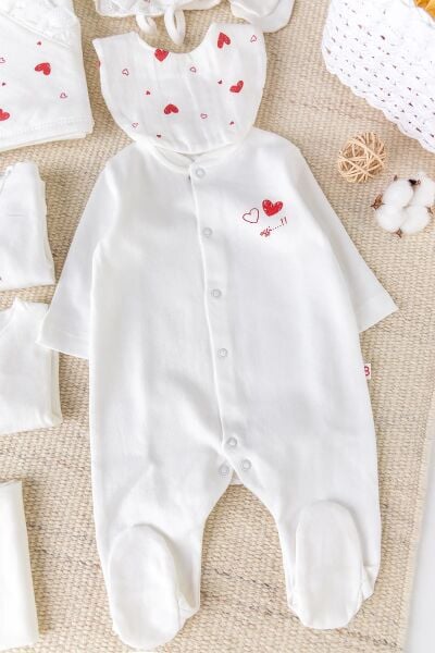 Kalp Desenli Müslin 100% Pamuk 10'lu Kız Bebek Hastane Çıkışı Bebek Takımı Set