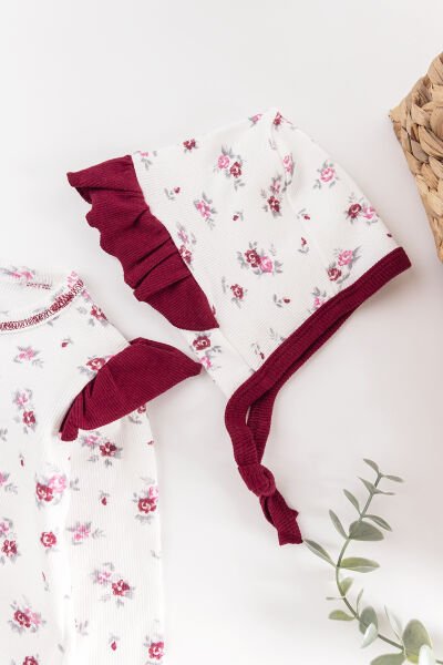 Çiçek Desenli Şapkalı Kız Bebek Tulum Takım BORDO -  0-3 AY