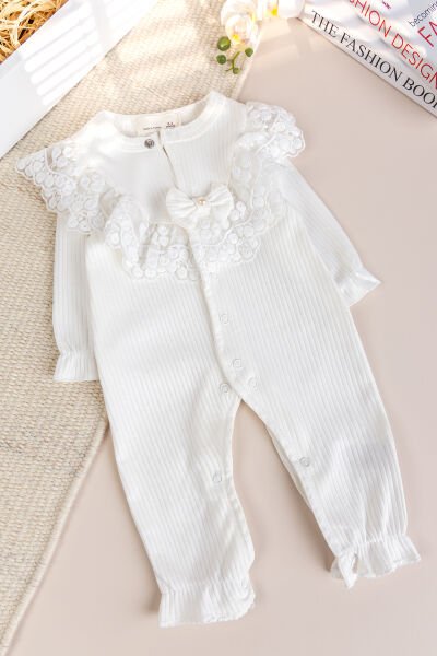 Güpürlü Fiyonklu 100% Pamuk Kız Bebek Tulum