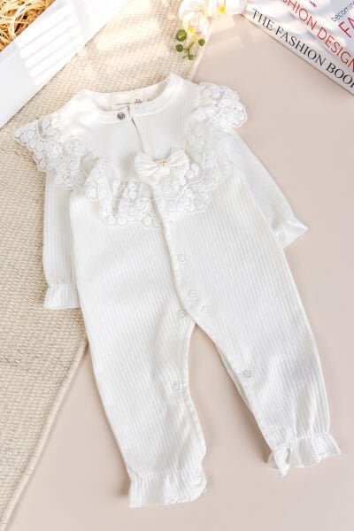 Güpürlü Fiyonklu 100% Pamuk Kız Bebek Tulum