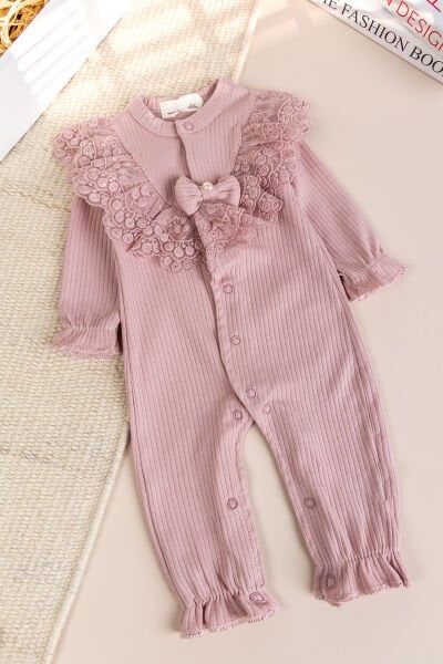 Güpürlü Fiyonklu 100% Pamuk Kız Bebek Tulum