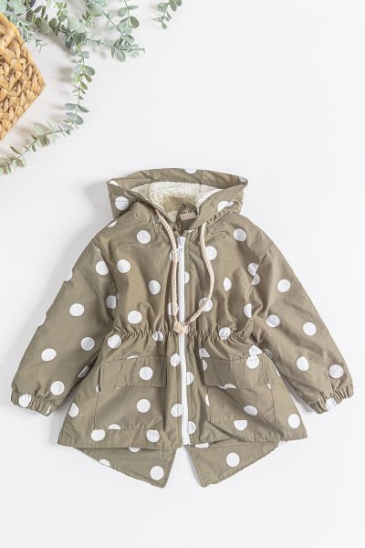 Puantiye Desenli Peluş Astarlı Kız Çocuk Yağmurluk Çocuk Mont HAKİ - 5 Yaş