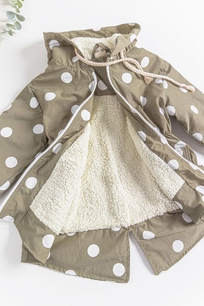 Puantiye Desenli Peluş Astarlı Kız Çocuk Yağmurluk Çocuk Mont HAKİ - 5 Yaş