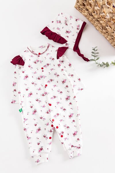 Çiçek Desenli Şapkalı Kız Bebek Tulum Takım BORDO -  6-9 AY