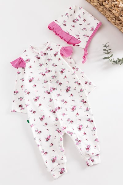 Çiçek Desenli Şapkalı Kız Bebek Tulum Takım PEMBE -  0-3 AY