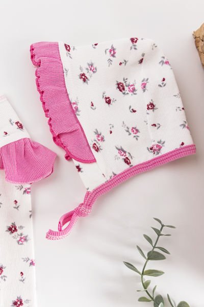 Çiçek Desenli Şapkalı Kız Bebek Tulum Takım PEMBE -  0-3 AY