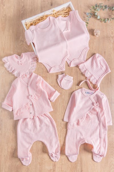 Fistolu Kendinden Desenli 8'li Kız Bebek Hastane Çıkışı Bebek Takımı PEMBE -  0-3 AY