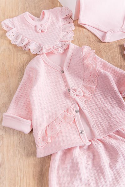 Fistolu Kendinden Desenli 8'li Kız Bebek Hastane Çıkışı Bebek Takımı PEMBE -  0-3 AY