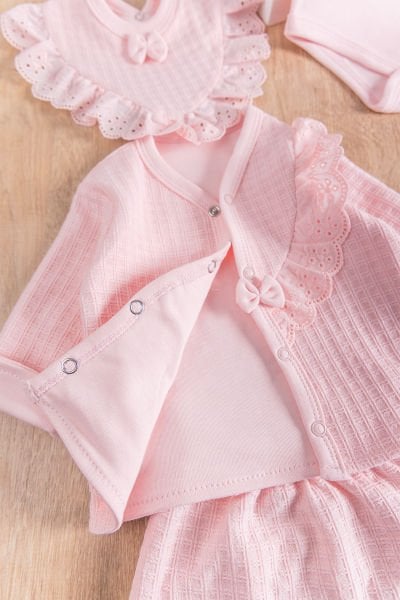 Fistolu Kendinden Desenli 8'li Kız Bebek Hastane Çıkışı Bebek Takımı PEMBE -  0-3 AY