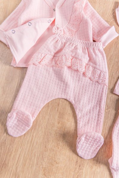 Fistolu Kendinden Desenli 8'li Kız Bebek Hastane Çıkışı Bebek Takımı PEMBE -  0-3 AY