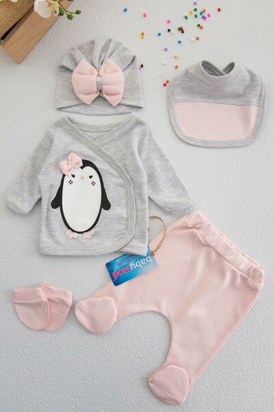 Penguen Baskılı Kız Bebek 5'li Hastane Çıkışı Zıbın Seti