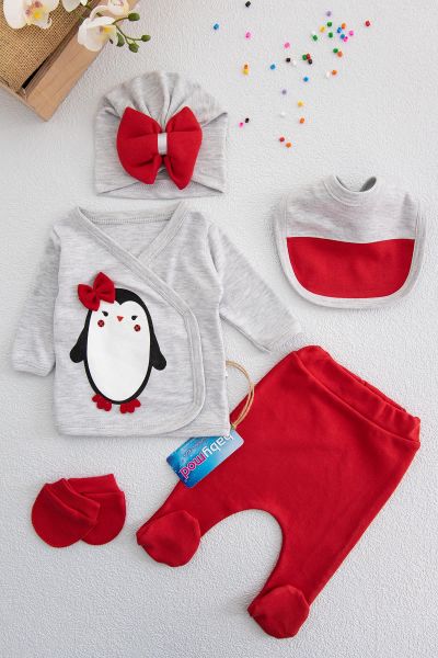 Penguen Baskılı Kız Bebek 5'li Hastane Çıkışı Zıbın Seti