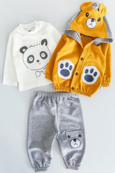 Erkek Bebek Takım Panda Figürlü 3 Parça Erkek Bebek Takım