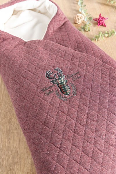 Geyik İşlemeli Polar Astarlı Kız/Erkek Bebek Kundak BORDO -  Tek Ebat
