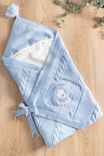 Ayıcık Figürlü Kız/Erkek Bebek Battaniye Bebek Kundak MAVİ -  Tek Ebat