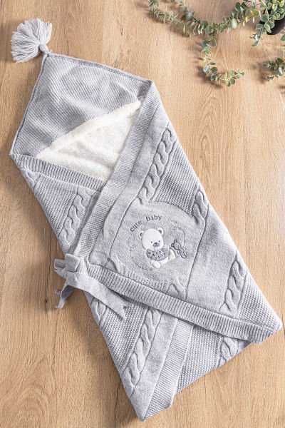 Ayıcık Figürlü Kız/Erkek Bebek Battaniye Bebek Kundak GRİ -  Tek Ebat