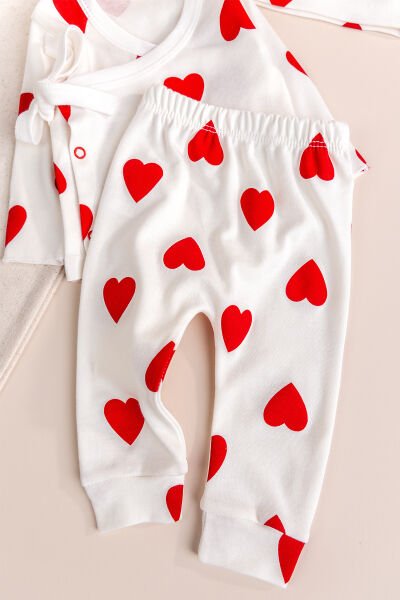 Kalp Desenli Kendinden Eldivenli 3'lü Kız Bebek Hastane Çıkışı Bebek Takımı