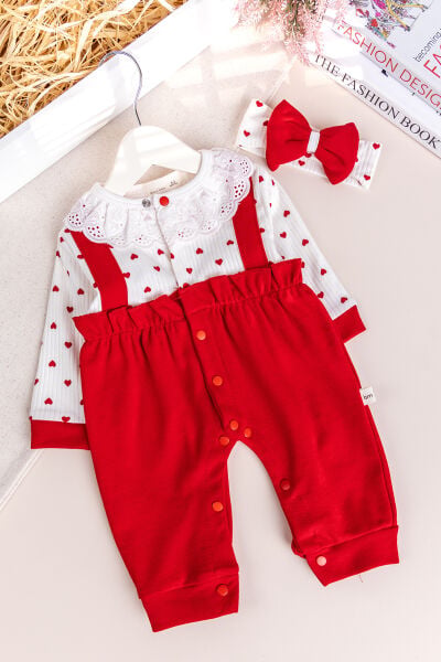 Kalp Desenli Fisto Yakalı Bandanalı Kız Bebek Tulum Set