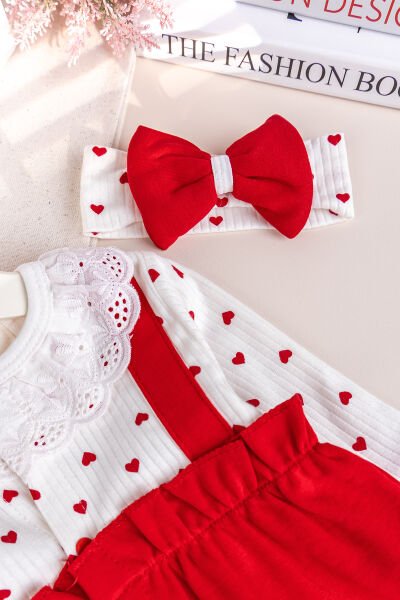 Kalp Desenli Fisto Yakalı Bandanalı Kız Bebek Tulum Set KIRMIZI - 3-6 AY