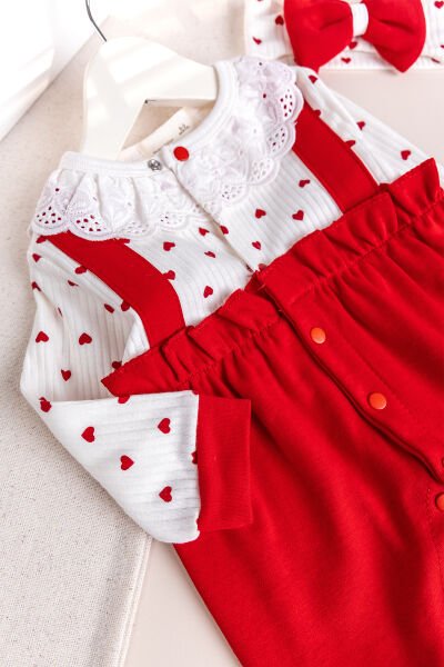 Kalp Desenli Fisto Yakalı Bandanalı Kız Bebek Tulum Set KIRMIZI - 3-6 AY