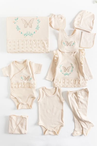Natural Kelebek İşlemeli 10'lu Kız Bebek Hastane Çıkışı Bebek Takımı