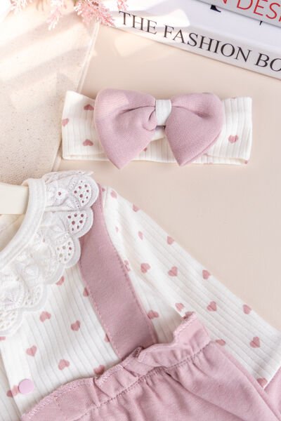 Kalp Desenli Fisto Yakalı Bandanalı Kız Bebek Tulum Set Gül kurusu -  0-3 AY