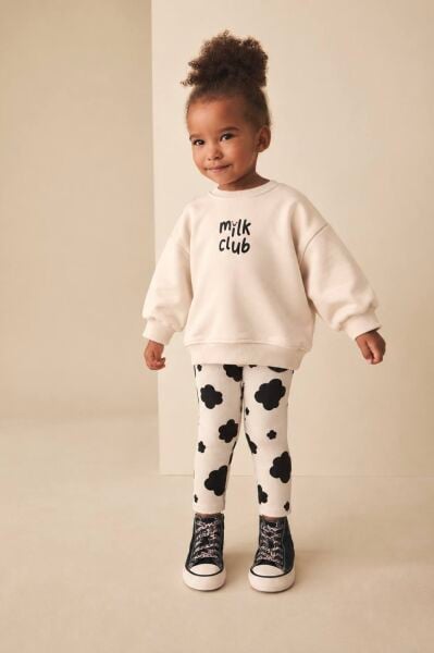 Milk Club Baskılı Bej Sweatshirt ve Çicek Desenli Taytlı 2'li Kız Çocuk Takım
