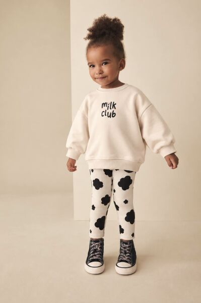 Milk Club Baskılı Bej Sweatshirt ve Çicek Desenli Taytlı 2'li Kız Çocuk Takım