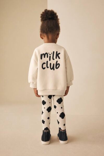 Milk Club Baskılı Bej Sweatshirt ve Çicek Desenli Taytlı 2'li Kız Çocuk Takım