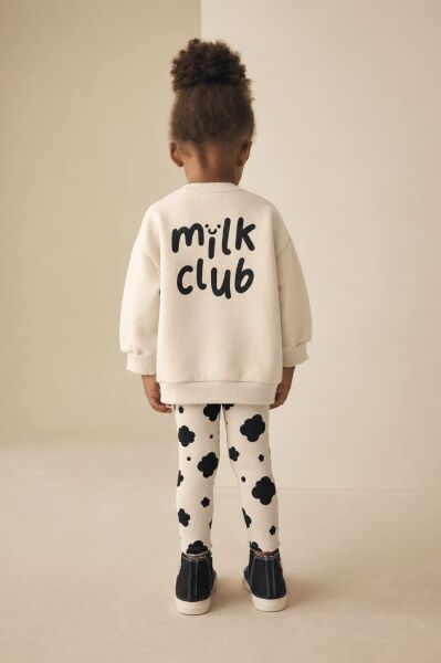 Milk Club Baskılı Bej Sweatshirt ve Çicek Desenli Taytlı 2'li Kız Çocuk Takım