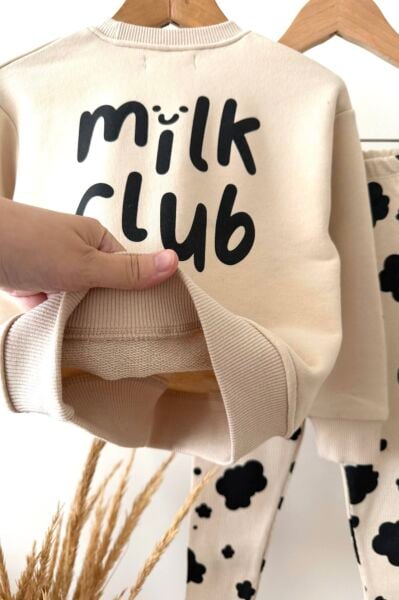 Milk Club Baskılı Bej Sweatshirt ve Çicek Desenli Taytlı 2'li Kız Çocuk Takım