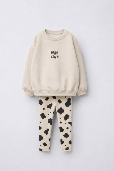 Milk Club Baskılı Bej Sweatshirt ve Çicek Desenli Taytlı 2'li Kız Çocuk Takım
