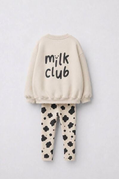 Milk Club Baskılı Bej Sweatshirt ve Çicek Desenli Taytlı 2'li Kız Çocuk Takım