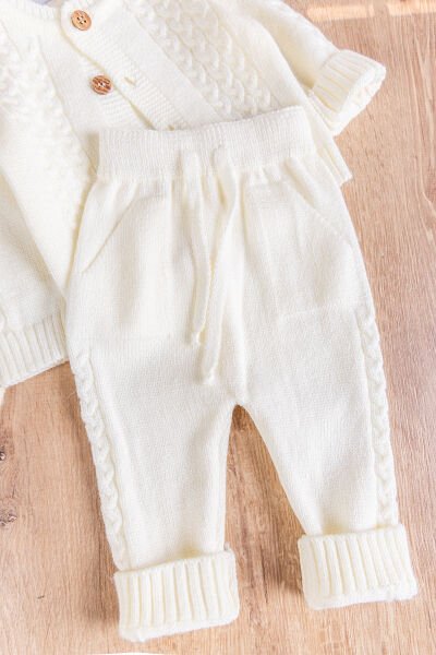 Bereli Triko Hırkalı Kışlık  Erkek Bebek Takım Set KREM - 3-6 AY